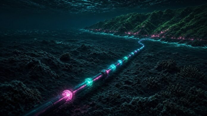 Glowing cable of fine light threads across a dark Atlantic seabed between small coastal landing nodes