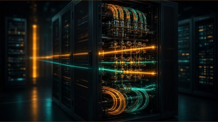 ORCA Launches PT-3 Photonic Quantum Computer in London Two dark data centre racks linked by a photonic ribbon of light into a hybrid lattice meeting a compute slab