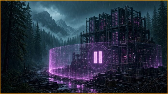 Unfinished server-hall frames in a green valley under a translucent pause symbol over glowing permit tablets