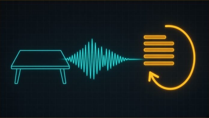 Illustration of a sound waveform flowing from a meeting-table outline into stacked bars beside a looping arrow.