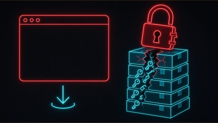 Illustration of a terminal window and download arrow beside a cracked stack of packages leaking keys under a padlock.