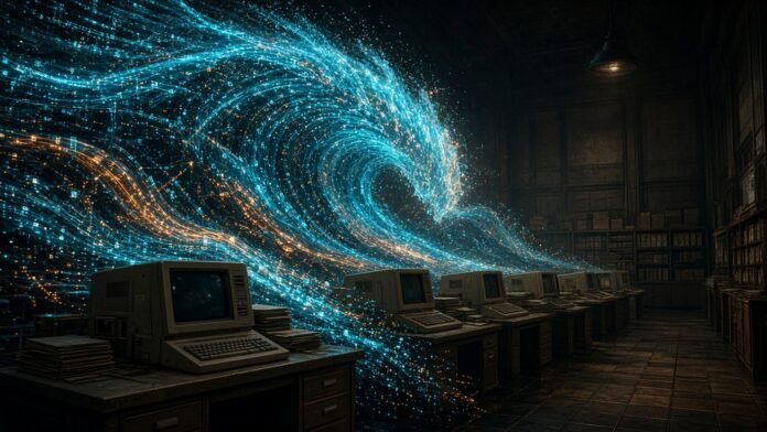 Wave of glowing circuit lines curling over a row of dim old mainframe cabinets