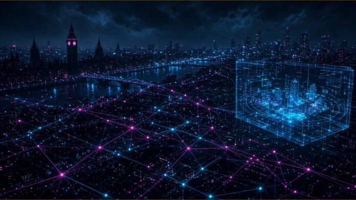 Two interlocking data-network shields separating above a stylised London skyline
