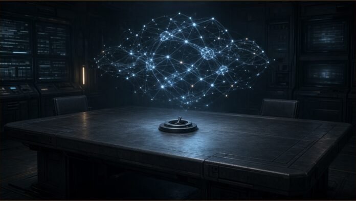 Palantir Says It Cannot Switch Off NATO's Maven AI | TSN Illustration of a dark command room with a glowing data network floating above an empty table and a switch housing whose lever is missing