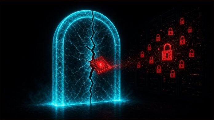 Illustration of a glowing firewall arch cracked open as a red token slips through toward padlocked servers