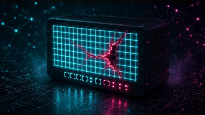 Firewall drawn as a glowing circuit brick wall with a side panel door ajar and a red code thread entering