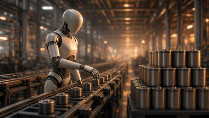 Faceless humanoid robot at a factory line beside stacked battery cells