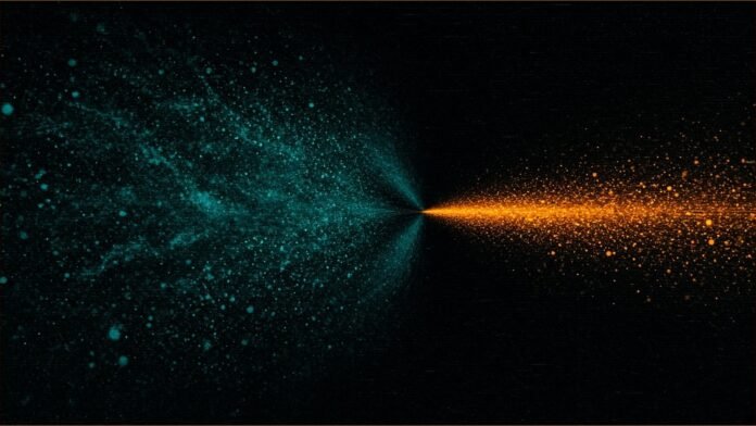Illustration of a wide cloud of teal particles narrowing through a point into a tight amber beam.