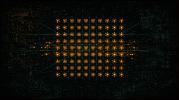 Pasqal 256-Qubit Processor Finds Magnet Surprise | TSN Illustration of a square grid of glowing atoms held by laser beams, with a blurred band across its middle