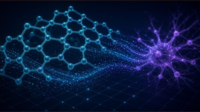 Pathos AI Raises $237m Series E Led by BMS | TSN Illustration of a glowing hexagonal molecular lattice linked by streams of blue data particles to a violet neural-like network on a dark grid