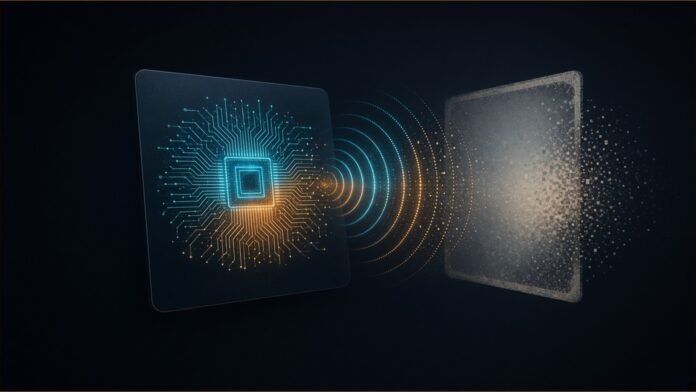 Illustration of a glowing circuit chip on a blank dark card being read by contactless signal waves beside a photo frame dissolving into pixels