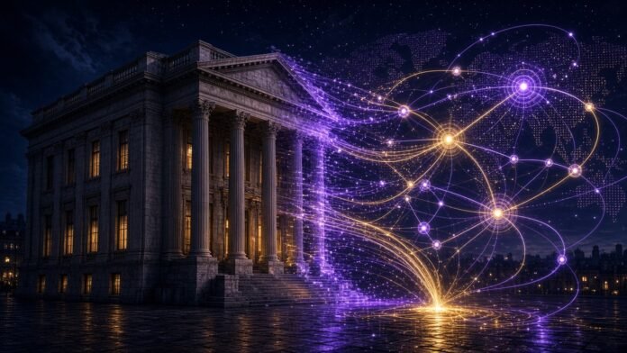 Glowing coin-shaped key sliding into the lock of a columned circuit-line bank vault under a ring of star nodes