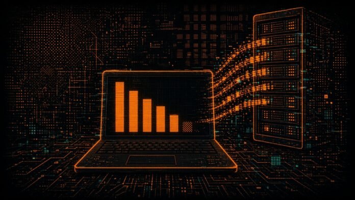 PC Shipments Fell 20.1% in Q3 2026, IDC Says, as Supply Constraints and Memory-Driven Price Rises Bite A laptop whose chart screen shows falling bars ending in a dotted bar, while a server rack draws a stream of memory modules away.