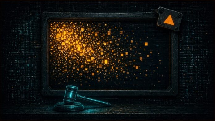 Pennsylvania AI Ad Law Sets Fines Up to $3,000 | TSN Illustration of a billboard frame whose image dissolves into amber pixels, with a blank warning tag and a gavel at its base