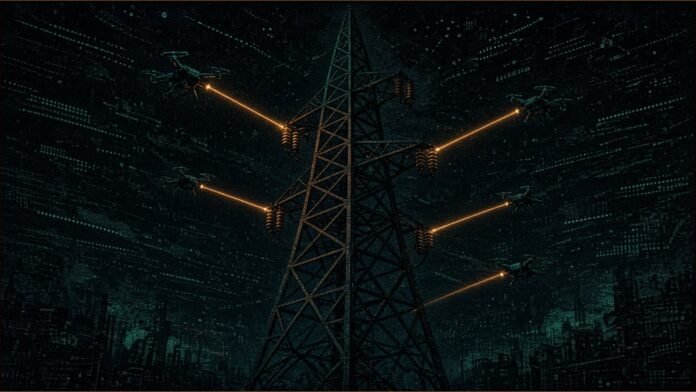 Illustration of several different drones scanning a power line insulator on a transmission tower at night
