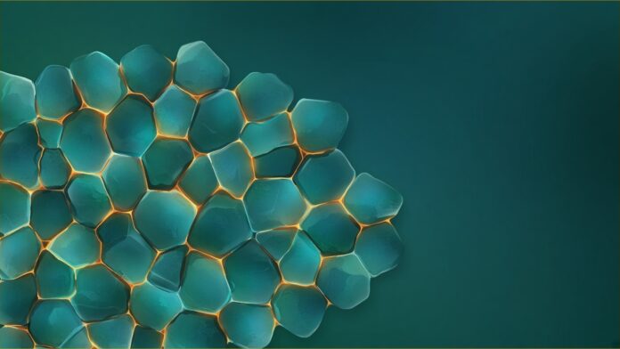 Perovskite Crystal Growth: Salt Mix Cuts Defects | TSN Illustration of perovskite crystal growth concept in teal and amber: a mosaic of translucent teal crystal grains fitted together, with the seams between them glowing warm amber.