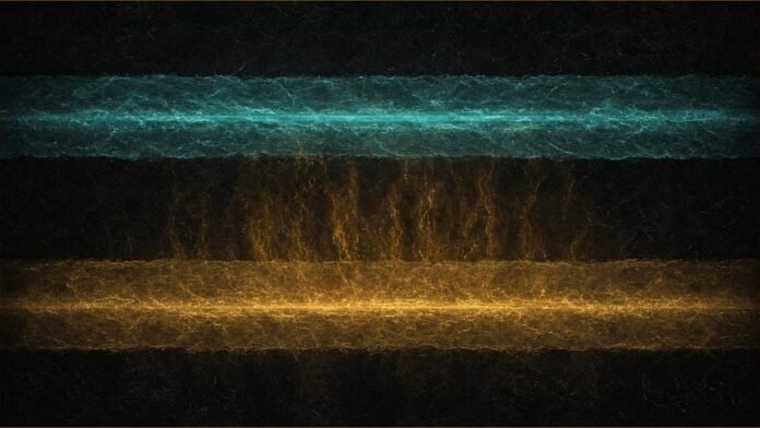 Tandem Solar Cells Keep 90% After 1,000 Hours | TSN Illustration of a teal band and an amber band of light with a steady amber shimmer rising between them.