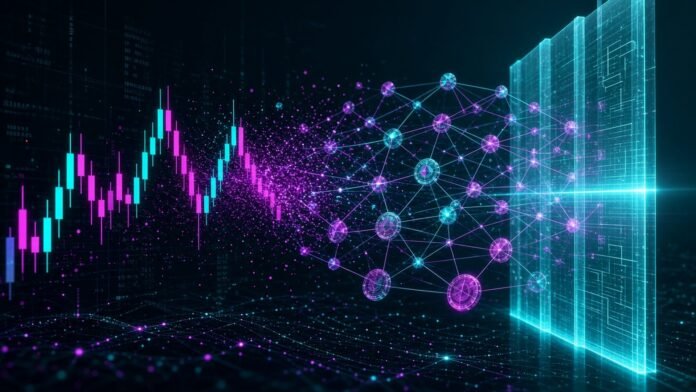 Perpetuals.com Files to Offer Tokenized US Stocks Abstract share-certificate shapes dissolving into glowing hexagonal tokens flowing into a chained pool of light