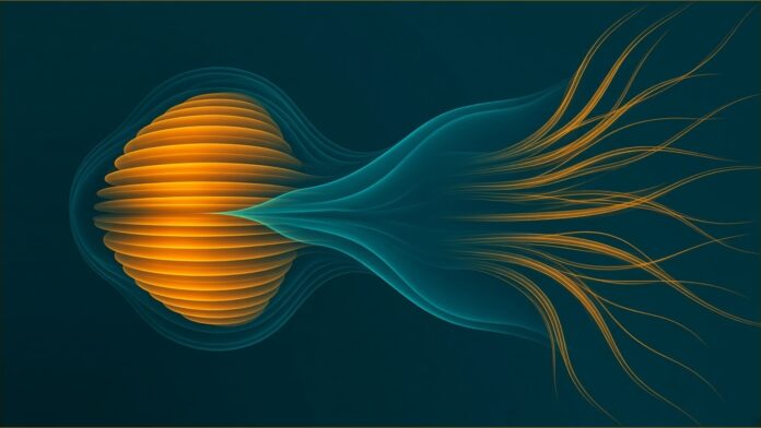 Illustration of Perplexity IREN concept in teal and amber: a glowing core of stacked amber light layers joined by a flowing teal ribbon that fans out into fine branching amber filaments on a dark teal field.