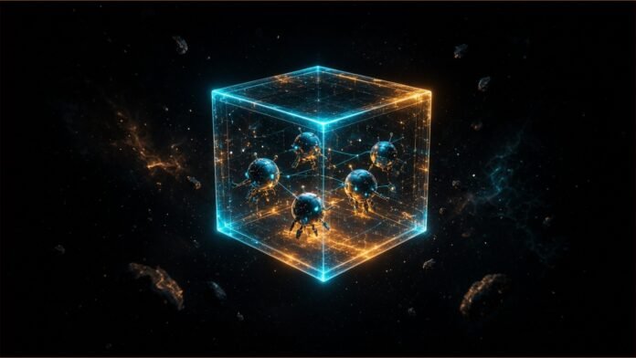 A glowing glass cube sandbox holding small spheres in dark space.
