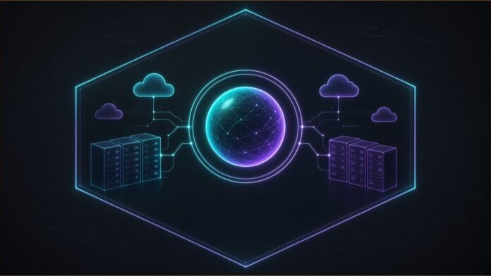 Perplexity Partners With Valarian on Sovereign AI | TSN Illustration of a glowing orb linked to servers and clouds inside a secure hexagonal boundary.