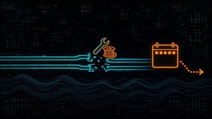 Symbol-only illustration of two parallel cyan cable lines crossing a dark sea-grid between two landing-station glyphs, one cable with a cracked break and a small orange repair-ship glyph approaching, and a magenta question mark over a calendar glyph.