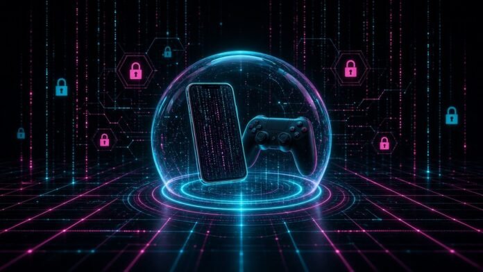 Smartphone and game controller inside a glowing protective shield