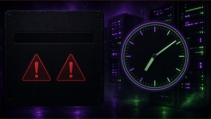 Illustration of a terminal panel with an empty progress bar, two warning triangles and a clock
