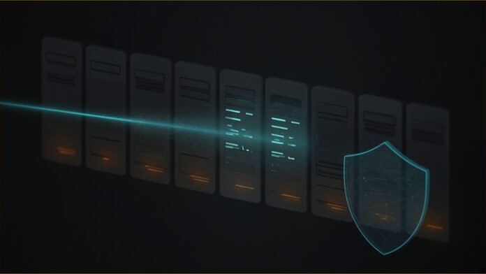 Illustration of a row of dimmed web service panels with amber standby lights, a cyan scanning beam crossing them and a translucent shield in front