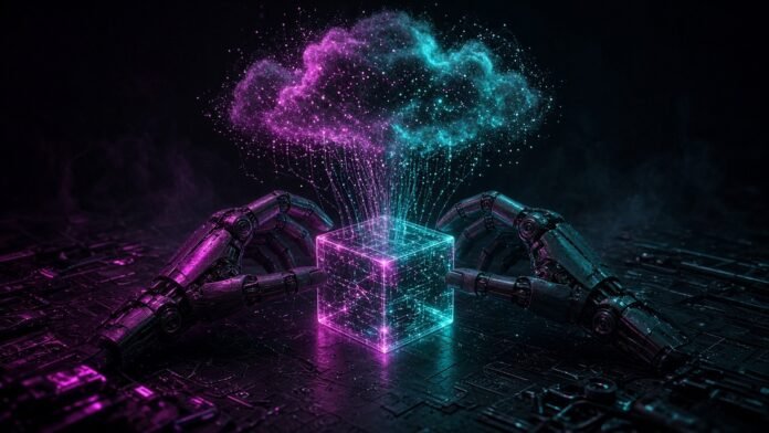 Physical Intelligence Opens Pi API Beta for Its Robot Models Glowing cloud lattice beaming data down to three abstract machine silhouettes on a dark grid