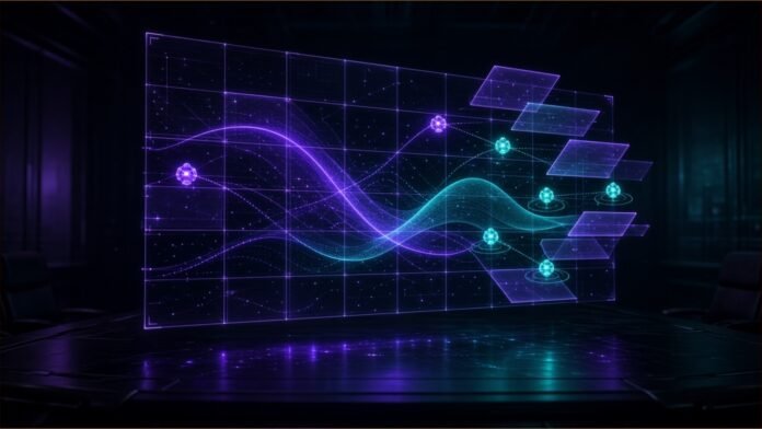 Pigment Raises $250M Series E at $2.3B Valuation | TSN Illustration of a holographic planning grid with glowing forecast curves rearranged by small agent nodes in a dark boardroom