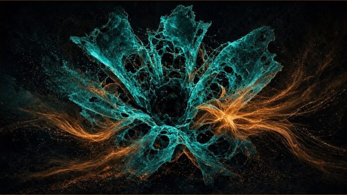 Pika illustration: open teal lattice of light unfolding outward, swept by amber motion trails