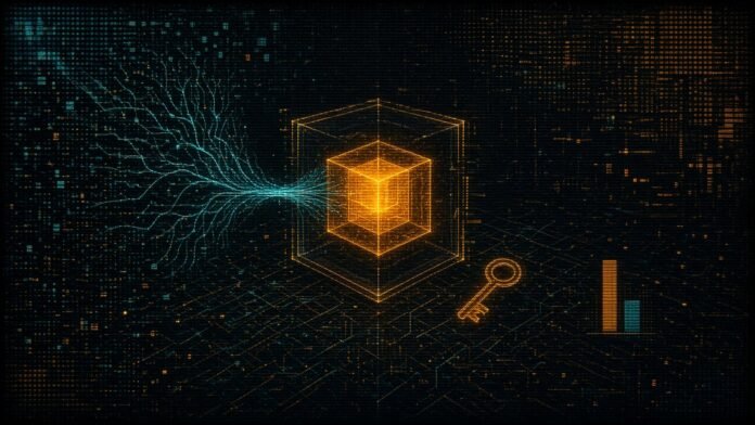 A glowing cube sealed inside a larger box with a key outside and branching lines flowing in, beside a split bar chart.