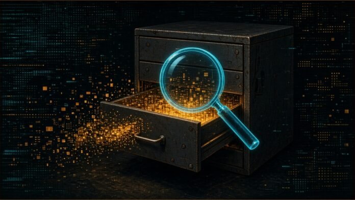 Swiss Watchdog Opens Probe Into PK Softech | TSN Illustration of an open filing cabinet drawer spilling amber data blocks under a cyan magnifying glass