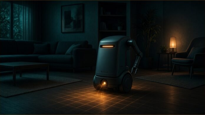 Plim Robotics Reveals Plim Home Robot | TSN A compact wheeled home robot with one arm rolling across a dim living room.