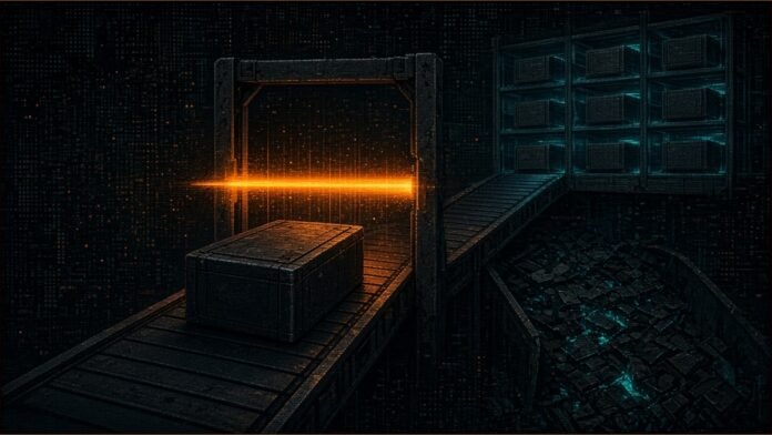 Illustration of a used battery module passing through a glowing scanner on a conveyor that splits towards a rack of modules and a bin of broken-down cells