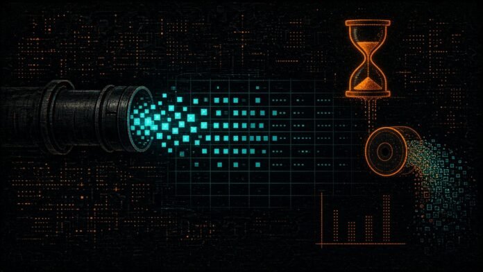 Polars 2.0 Released: Streaming Engine Default, Row Order Not Fixed Symbol-only illustration of a block stream flowing through a pipe into a table with shuffled rows, beside a drum glyph spilling to disk and a bar chart with one dotted bar.
