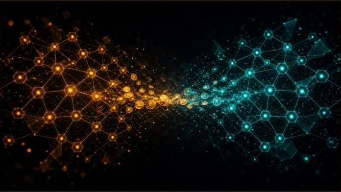 Grid of glowing state tiles merging into a single payments rail feeding a stack of hexagons