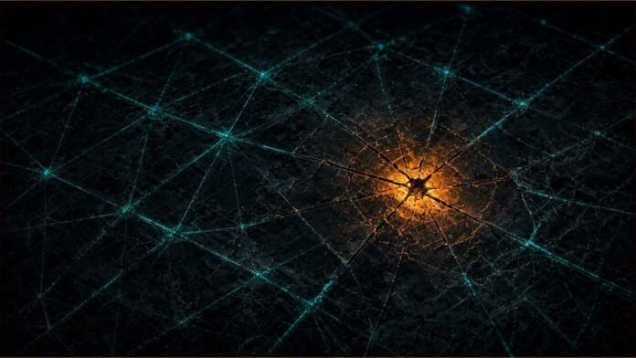 Polymarket Halts Trading After Provider Compromise | TSN Illustration of a teal lattice of light threads with one fractured amber node glowing at its centre.