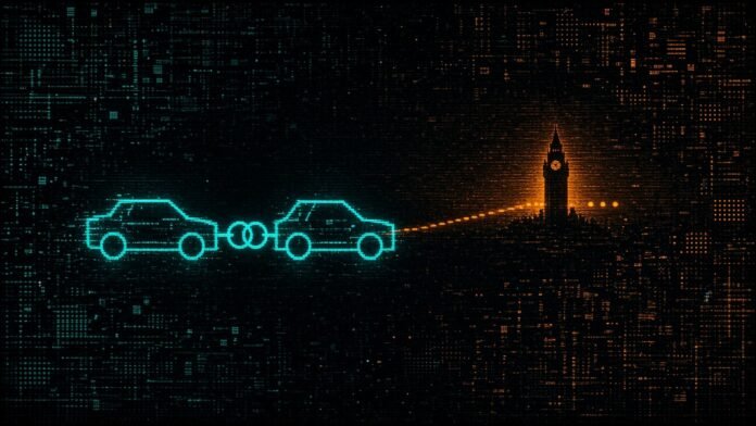 Symbol-only illustration of two car outlines linked by interlocking rings with a dotted route leading toward a clock-tower silhouette.