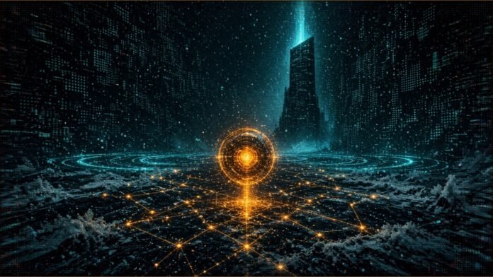 Pony.ai and inDrive Plan Kazakhstan Robotaxi Tests | TSN Illustration of a glowing amber sensor orb above a snow-dusted grid of light nodes, with cyan scan rings and a dark monolith in falling snow