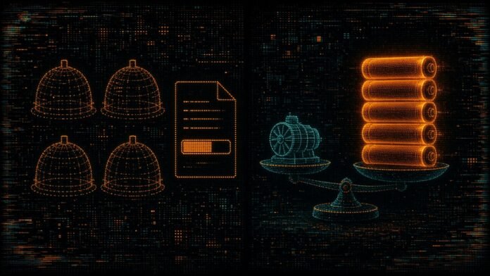 Fermi America's Four-Reactor Texas Plan Gets an NRC Draft Environmental Review; WoodMac Says Batteries Now Undercut Gas Peakers Four dotted unfinished reactor domes beside a draft document with a half-filled progress bar, next to a balance scale where stacked battery cells outweigh a small turbine.