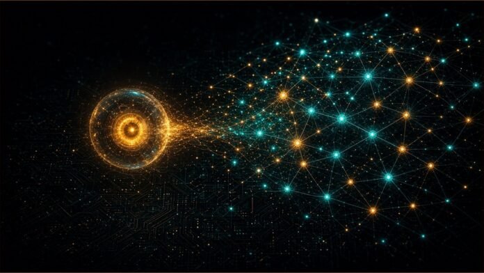 Small glowing vision orb docking into a larger open lattice, with a thin dial beside it
