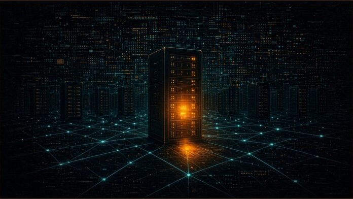 Prince of Persia Iran Group Hid C2 Server in US | TSN Illustration of a single amber-lit server rack standing among dim shared-hosting racks, with cyan network lines spreading across the floor