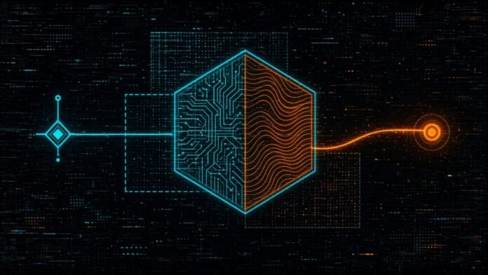 Symbol-only illustration of a cyan hexagon split in two, circuit traces on the left linked to a diamond glyph, orange wave lines on the right linked to an orange circle.