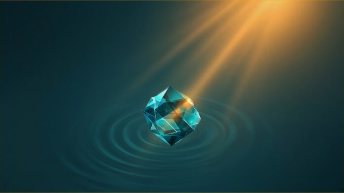 Illustration of Project Suncatcher concept in teal and amber: a faceted teal crystal floating over soft teal ripples, lit by diagonal rays of amber light from the upper right.