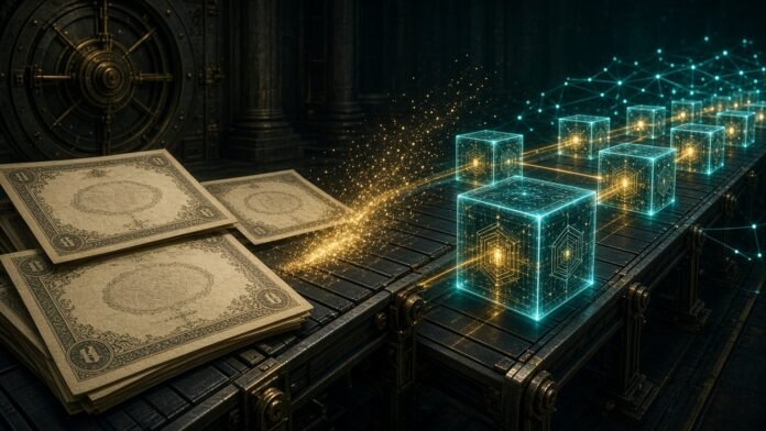 Federated Hermes, Prometheum Plan Tokenized Funds for 2027 Fund certificates turning into glowing tokenized cubes on a blockchain conveyor