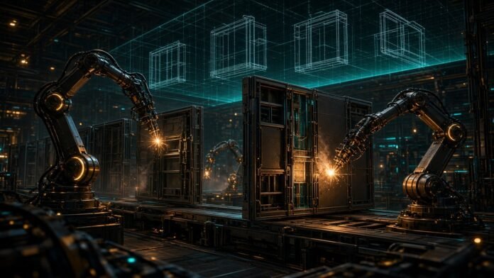 Promise Robotics Signs D.R. Horton Deal for 1,250+ Homes Robotic arm assembling glowing wall panels into a wireframe house