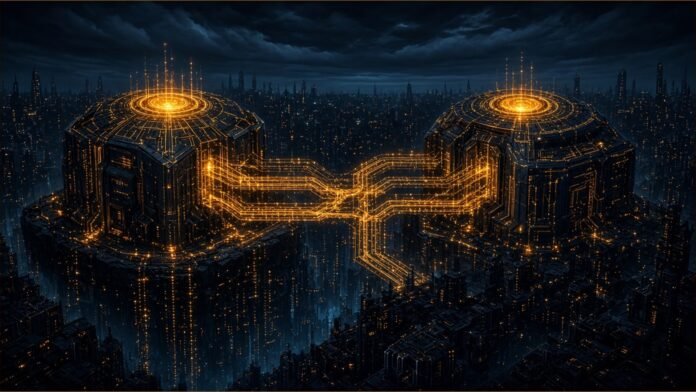Proofpoint to Buy Varonis for About $6.3bn Two glowing vault fortresses joined by amber circuit bridges.