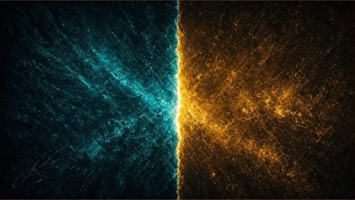 Illustration of a teal field and an amber field of light pressing against a bright dividing line.